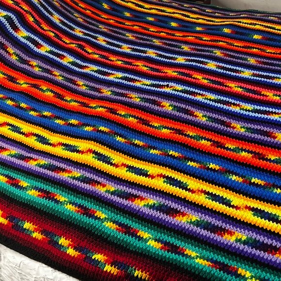 VTG Handmade Crochet Rainbow Striped Blanket Vibrant Multicolor 70x100in - Picture 11 of 16